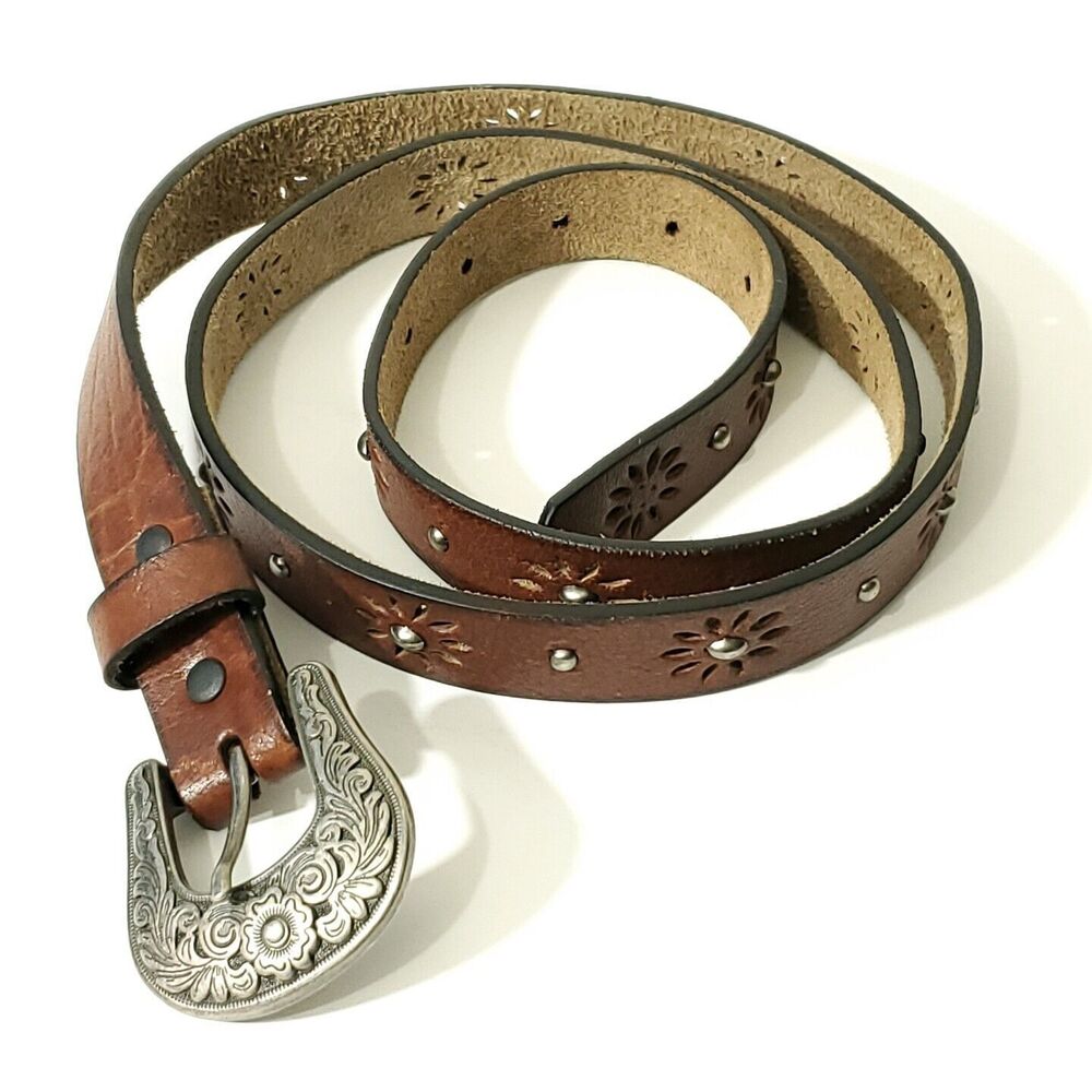 Vtg Brown Leather Belt XL Studded Floral Laser Cutout Nickel Decorated Buckle